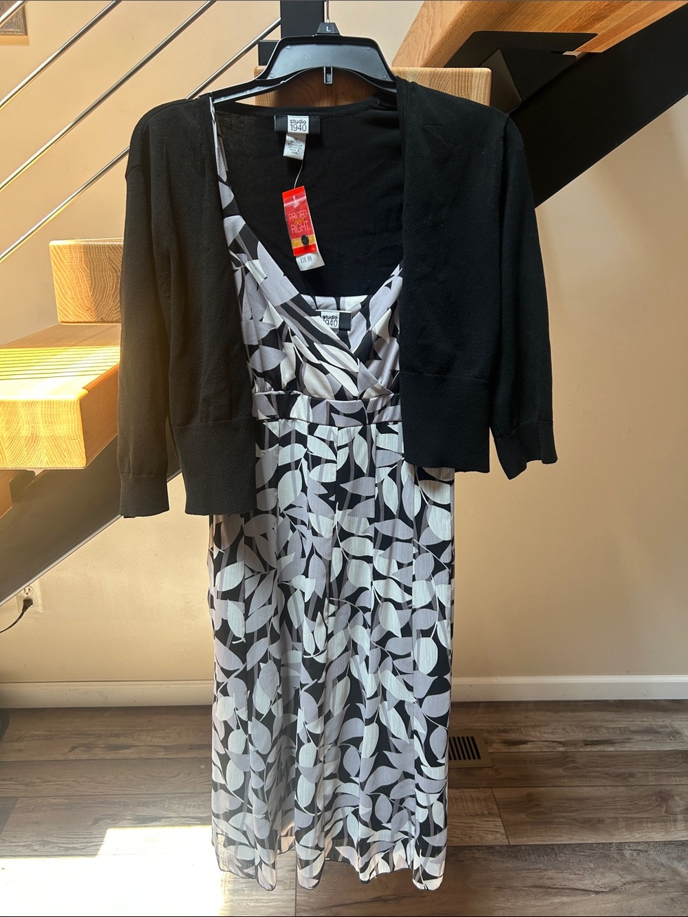Studio 1940 Black and White Leaf Print Midi Dress with Black Bolero